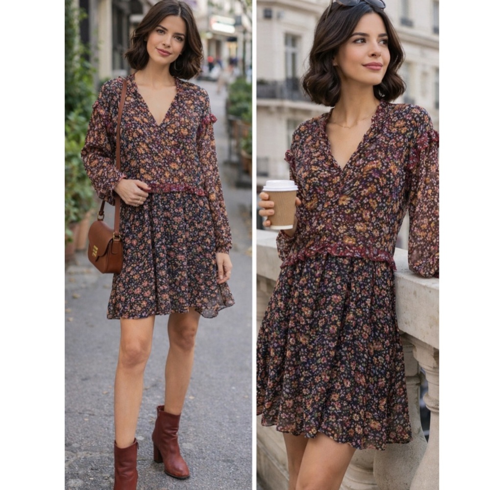 Anthropologie Helene Floral Long Sleeve Boho Mini Dress XS NWT